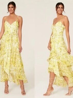 Badgley Mischka Dress Yellow Floral Tiered High Low Ruffle wrap Midi Maxi Gown 8